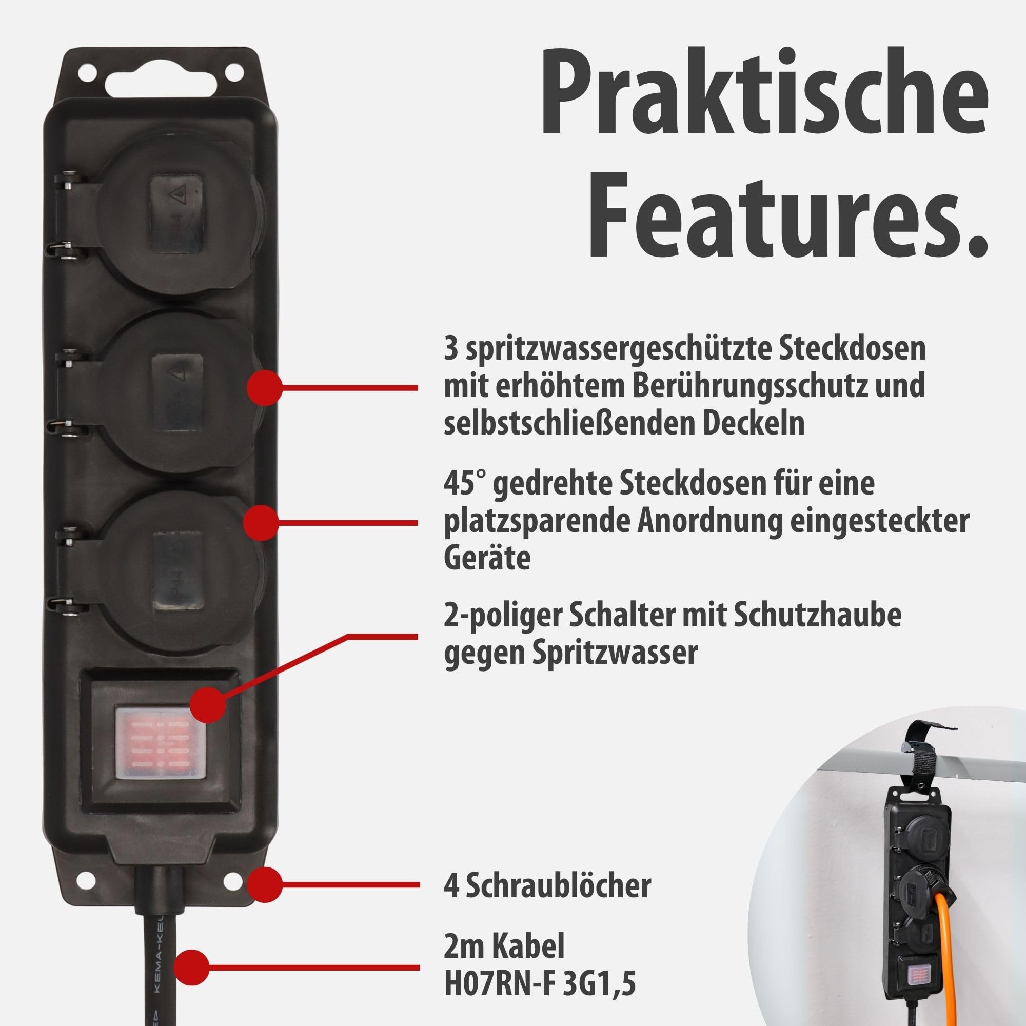 Brennenstuhl Steckdosenverteiler IP44 3-Fach (Outdoor Steckdosenleiste mit Schalter, 2m Kabel, selbstschließende Deckel, Mehrfachsteckdose für außen für den robusten und ständigen Einsatz im Freien) 3