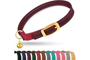 OOPSDOGGY Rolled Leather Cat Collar with Bell - Reflective Kitten Collar with Safety Elastic Strap - Adjustable Small Pet Collars for Boy Girl Cats (Burgundy)