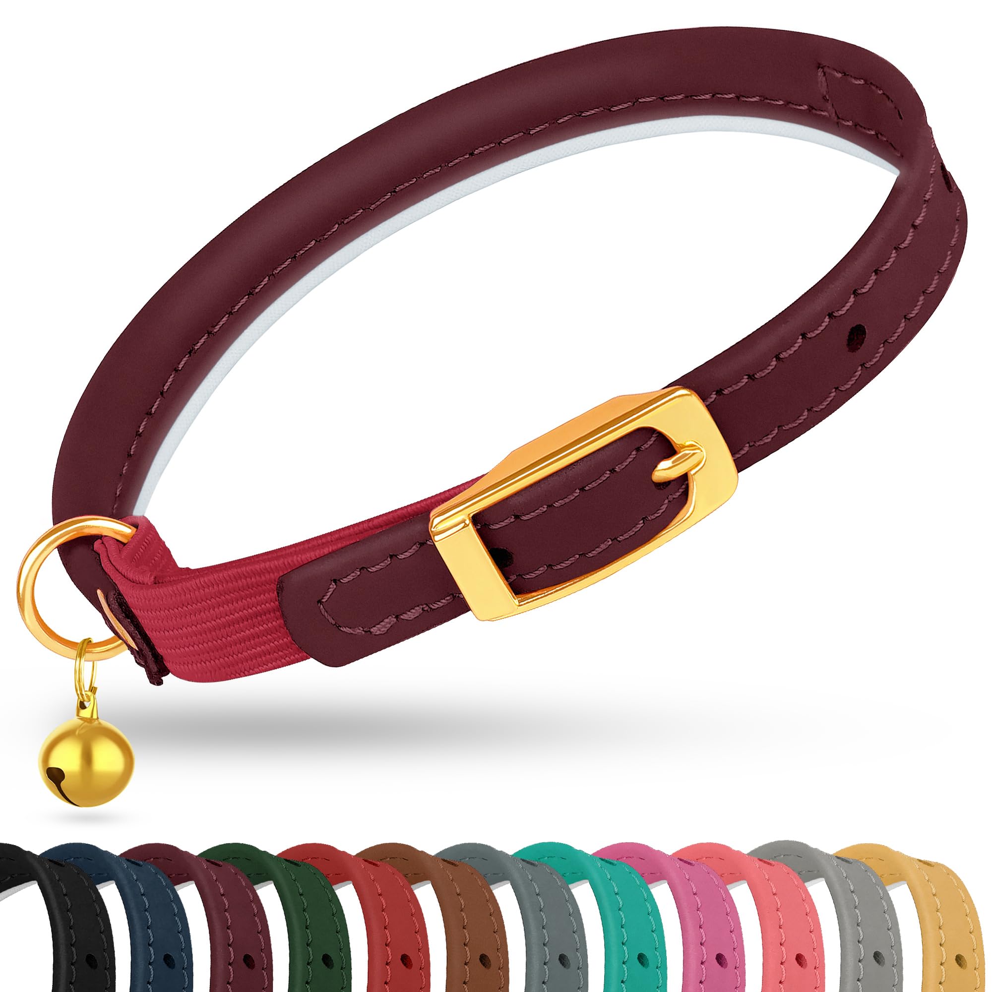 OOPSDOGGY Rolled Leather Cat Collar with Bell - Reflective Kitten Collar with Safety Elastic Strap - Adjustable Small Pet Collars for Boy Girl Cats (Burgundy)
