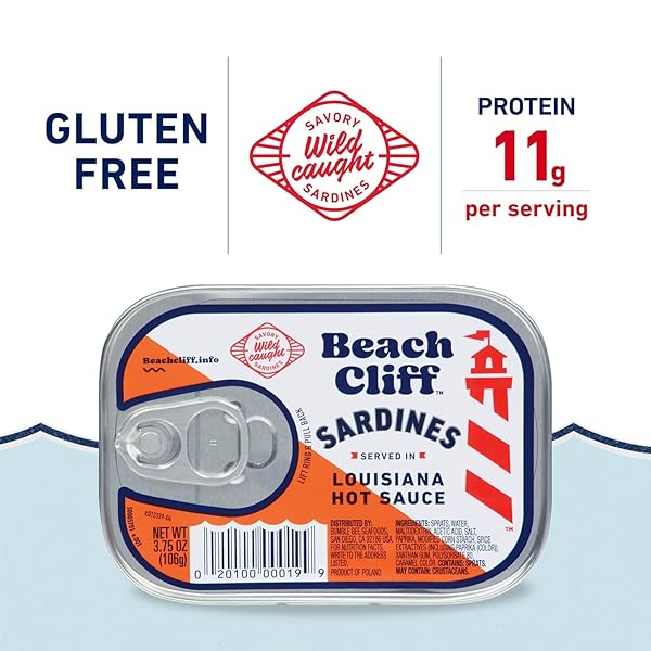 BEACH CLIFF WILD CAUGHT SARDINES IN LOUISIANA HOT SAUCE, 3.75 OZ CAN – 14G PROTEIN PER SERVING – GLUTEN FREE, KETO FRIENDLY