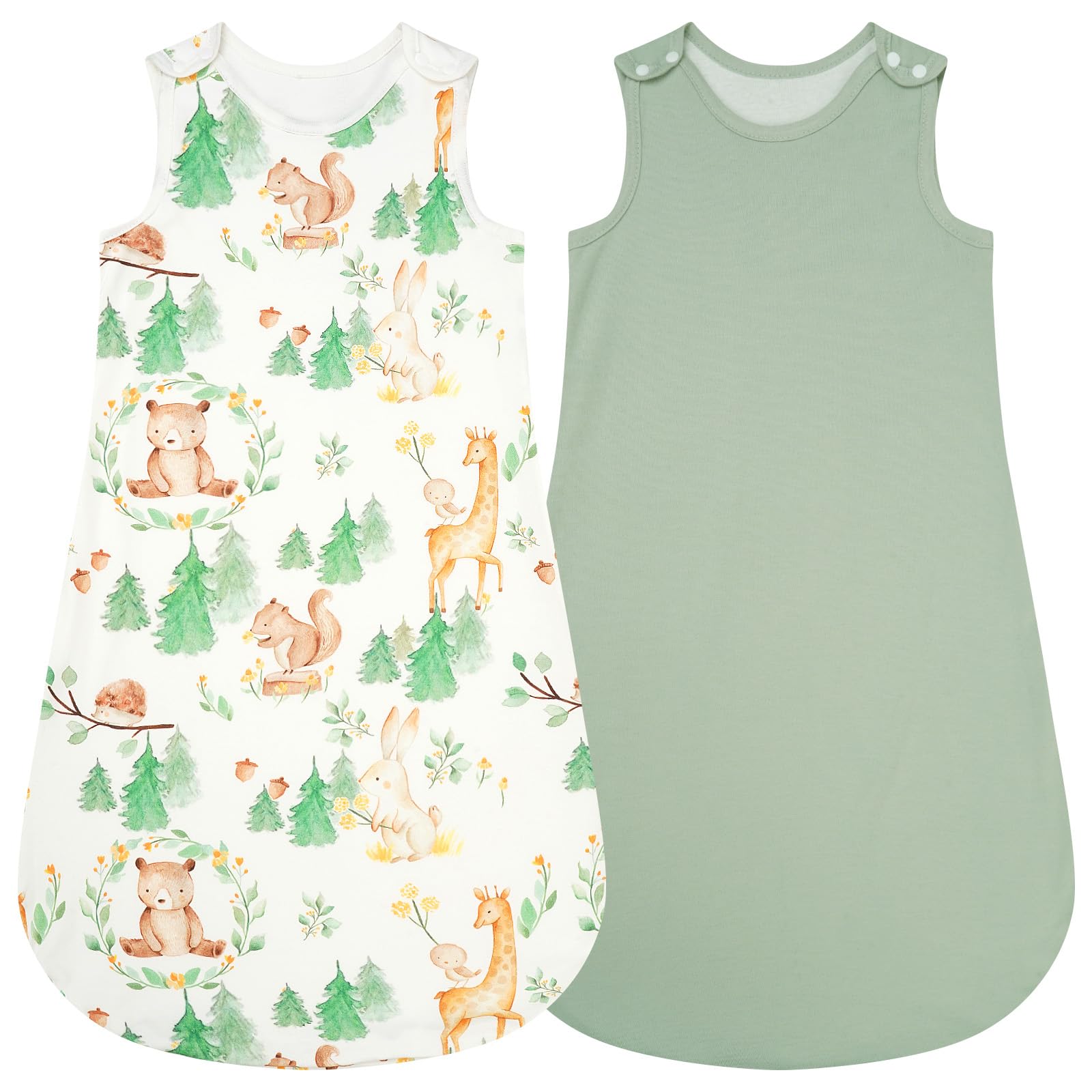 WYTbaby Baby Sleeping Bag 1 Tog,100% Cotton Toddler Sleeping Bag With Adjustable Snap Buttons and Side Zip, All Year Baby Sleep Sack 2 Pack For Girls Boys(Light Green,60cm)