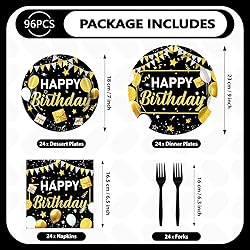 Grencian 96 Pcs Black and Gold Happy Birthday Party