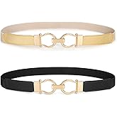 WHIPPY 2 Pack Skinny Elastic Belts for Women Thin Stretchy Waist Belt for Dresses with Gold Buckle