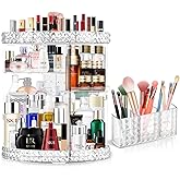 360 Rotating Makeup Organizer for Vanity + Makeup Brush Holder,Perfume Organizer with 6 DIY Adjustable Layer,Large Capacity Skincare Organizers,Lazy Susan Make up Organizer for Bedroom Dresser,Clear