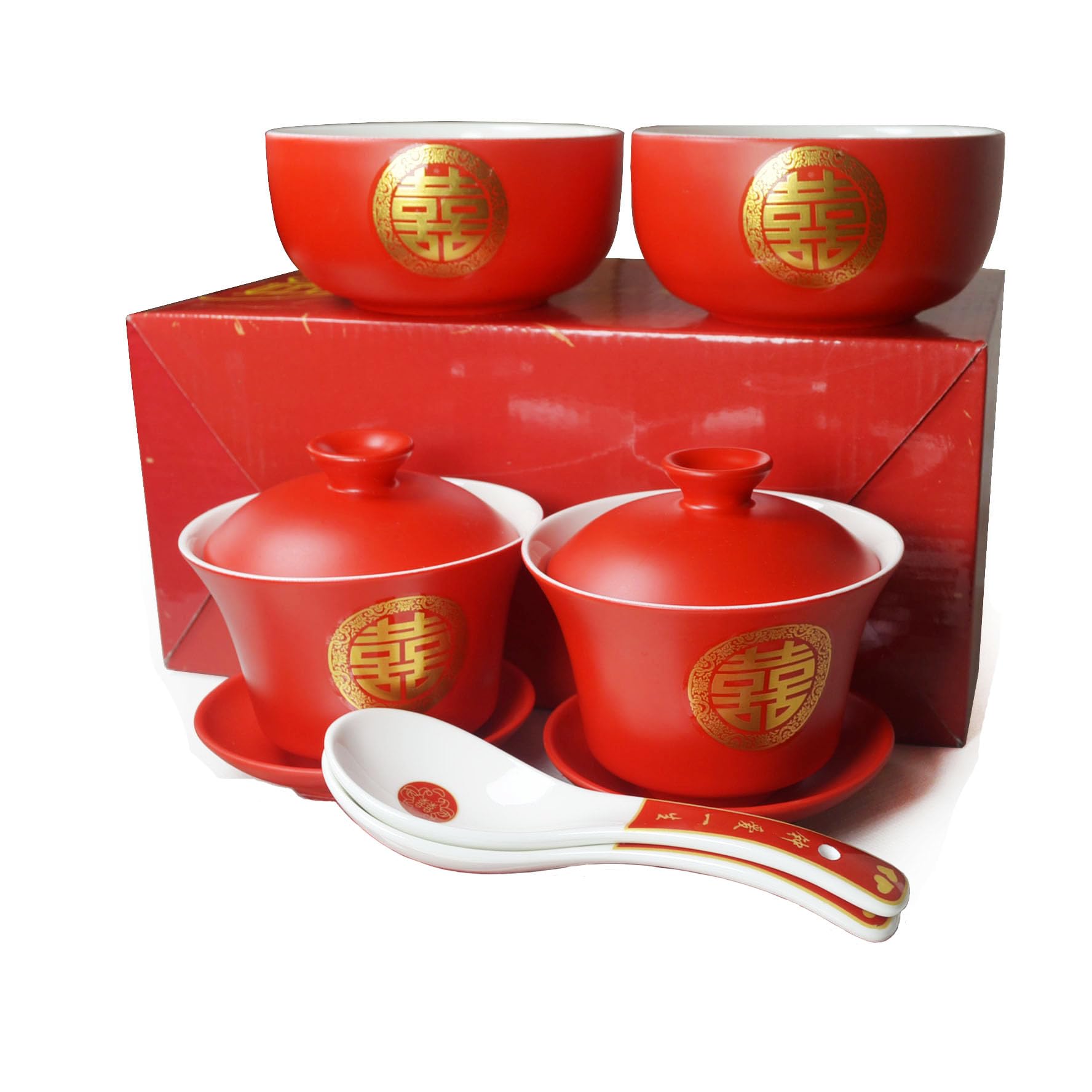 Chinese Tableware Tea Gift 2 Set Gaiwan Bowl Spoon Porcelain Double Happiness for Adults Men Women Couple Wedding Party (Double Happiness)
