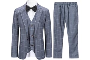 SWOTGdoby Boys Suits 3 Pieces Formal Suit Set Plaid Blazer Vest Pants Slim Fit Suit Jacket for Wedding Party