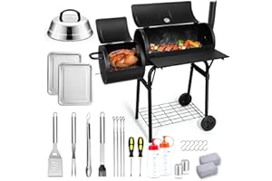 Joyfair Charcoal Grill with Offset Smoker, 26Pcs Outdoor Barrel Barbecue Grill Set for Camping Grilling Smoking, Including Spatula/Tong/Brush and More Tools, Thick Iron Steel & Dual Chamber Design