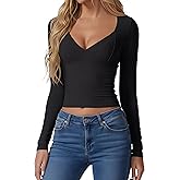 Simlakey Women V Neck Long Sleeve Shirt Going Out Double Lined Top Slim Fit Crop Outfit Casual Basic Clothing Sexy Fashion