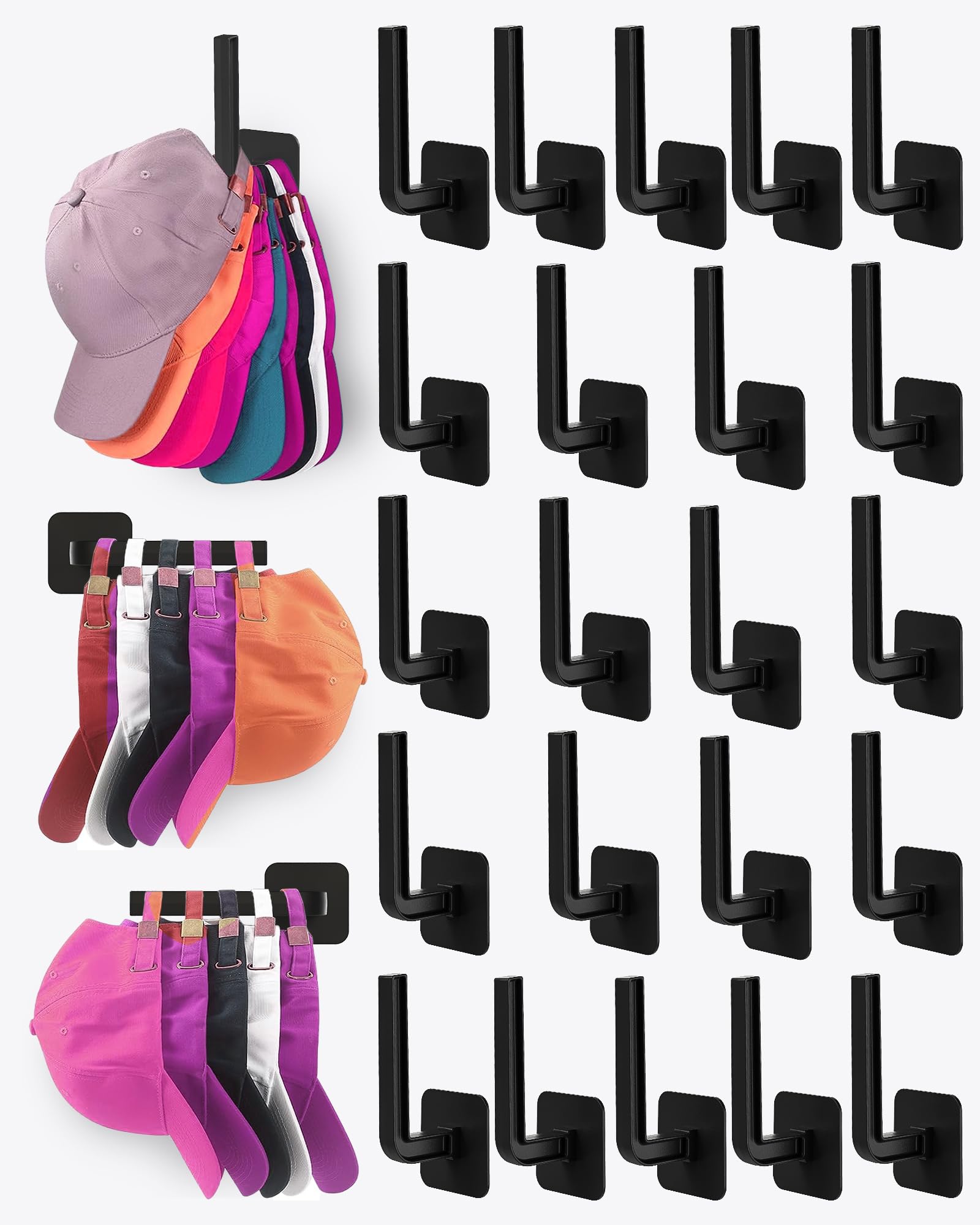 Sunfanie Multi-Purpose Hat Organizer (22-Pack), Strong Adhesive Hat Hooks for Wall, Two Mounting Options, Black