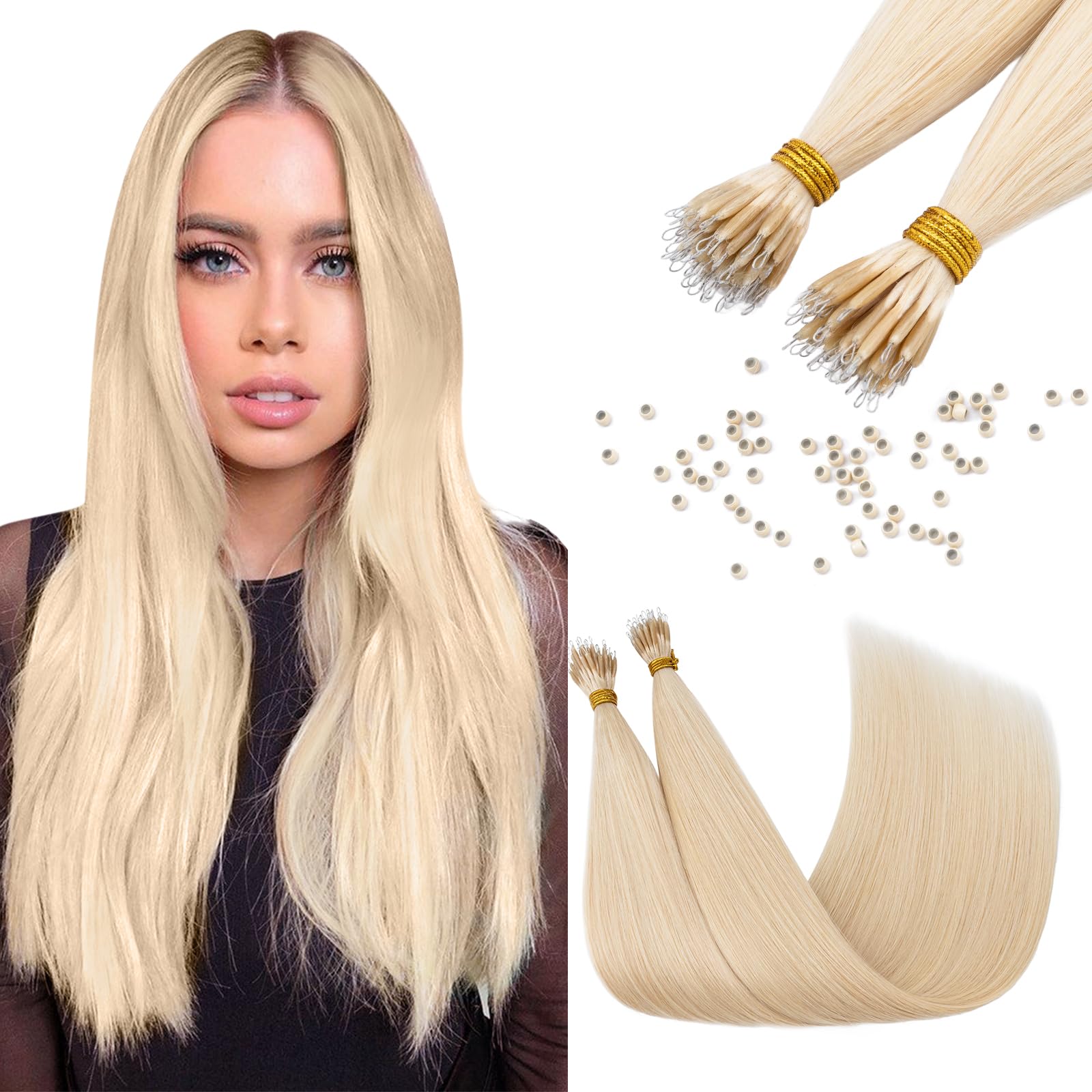 Elailite Nano Ring Hair Extensions Real Human Hair Blonde With Nano Beads Cold Fusion 50 Strands 35g Straight (#60 Platinum Blonde, 18 Inch)
