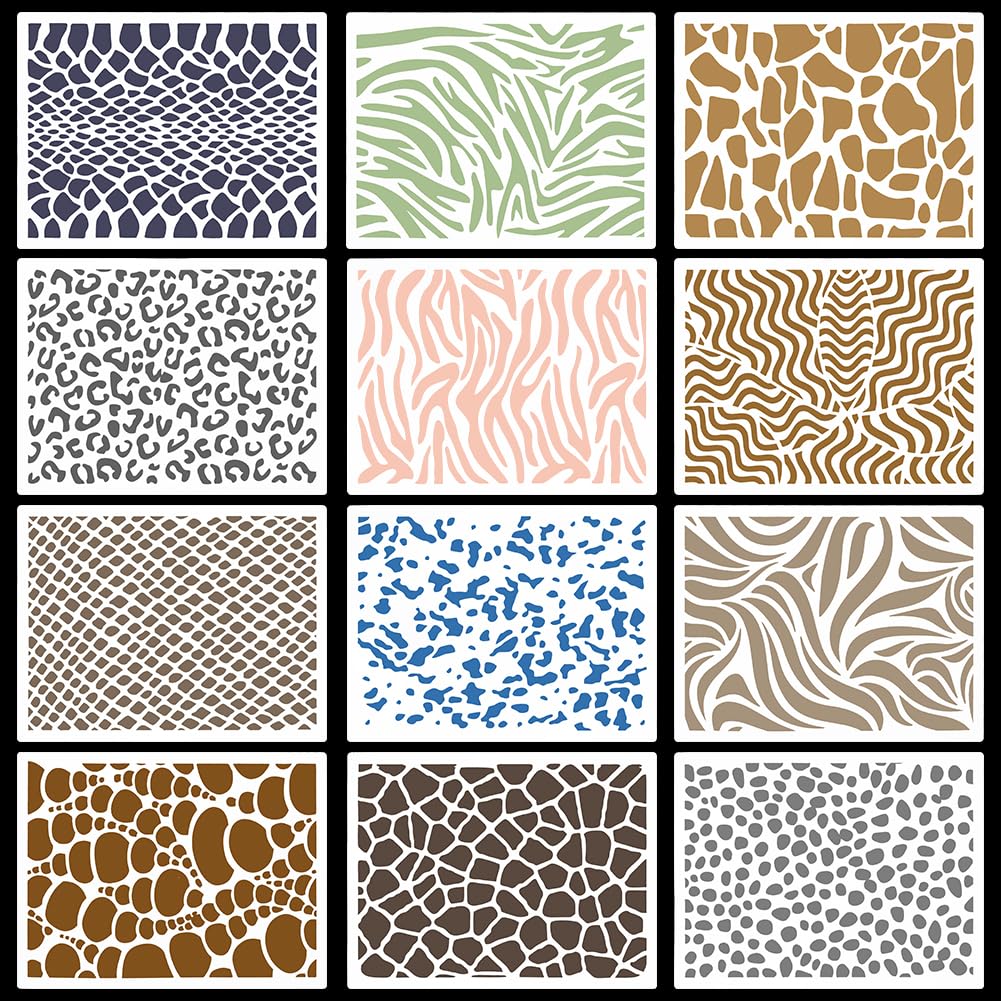 GORGECRAFT 12PCS Animal Skin Templates 21x15cm Leopard Painting Stencils Zebra Cheetah Milk Cow Snake Skin Stripe Crackle Texture Stencil Reusable Drawing Templates for Wood Tile Floor Canvas Decor