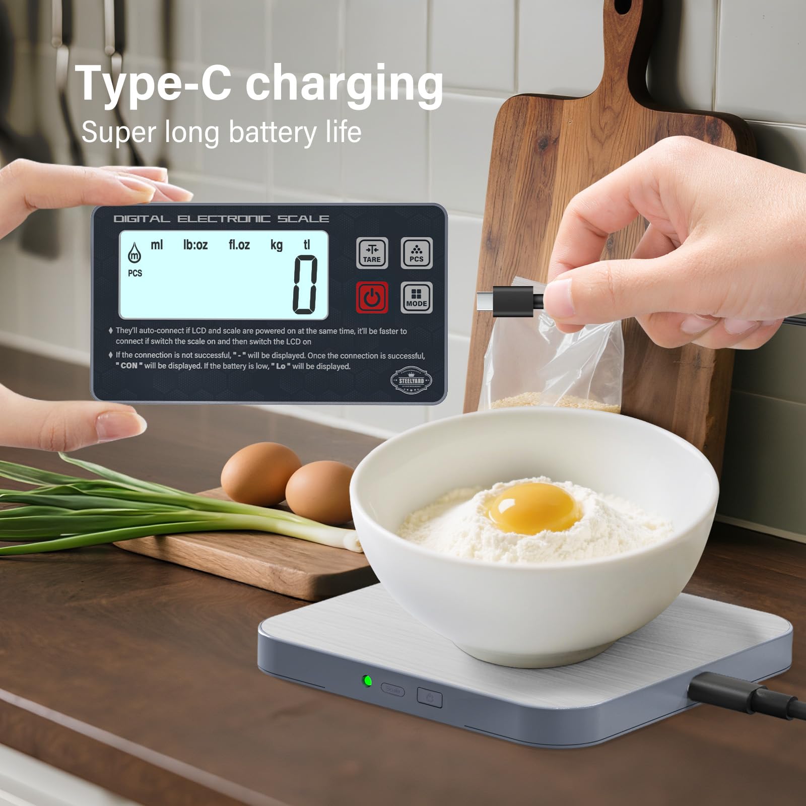 Rechargeable Digital Kitchen Food Scale - Detachable Display Electronic Weight Scale for Bread Making & Coffee Brewing, 304 Stainless Steel Platform, Backlit LCD, Count Mode, Wall-Mount & Tilt Stand