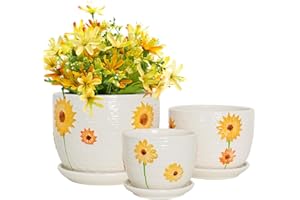 Hlukana Ceramic Plant Pots Set of 3, 6.75/5.6/4.2 inch Planters with Drainage Holes and Saucer, Flower Pots Outdoor Indoor, Modern Decorative Planters for House Plants Garden Planters Succulent Pots