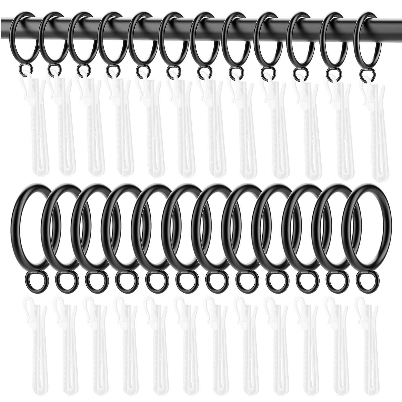 Photo 1 of 1.25 Inch Curtain Rings with Hooks, 30 Pack Black Metal Drapery Rings with Pins Hooks for Window Door Bathroom Shower Curtain