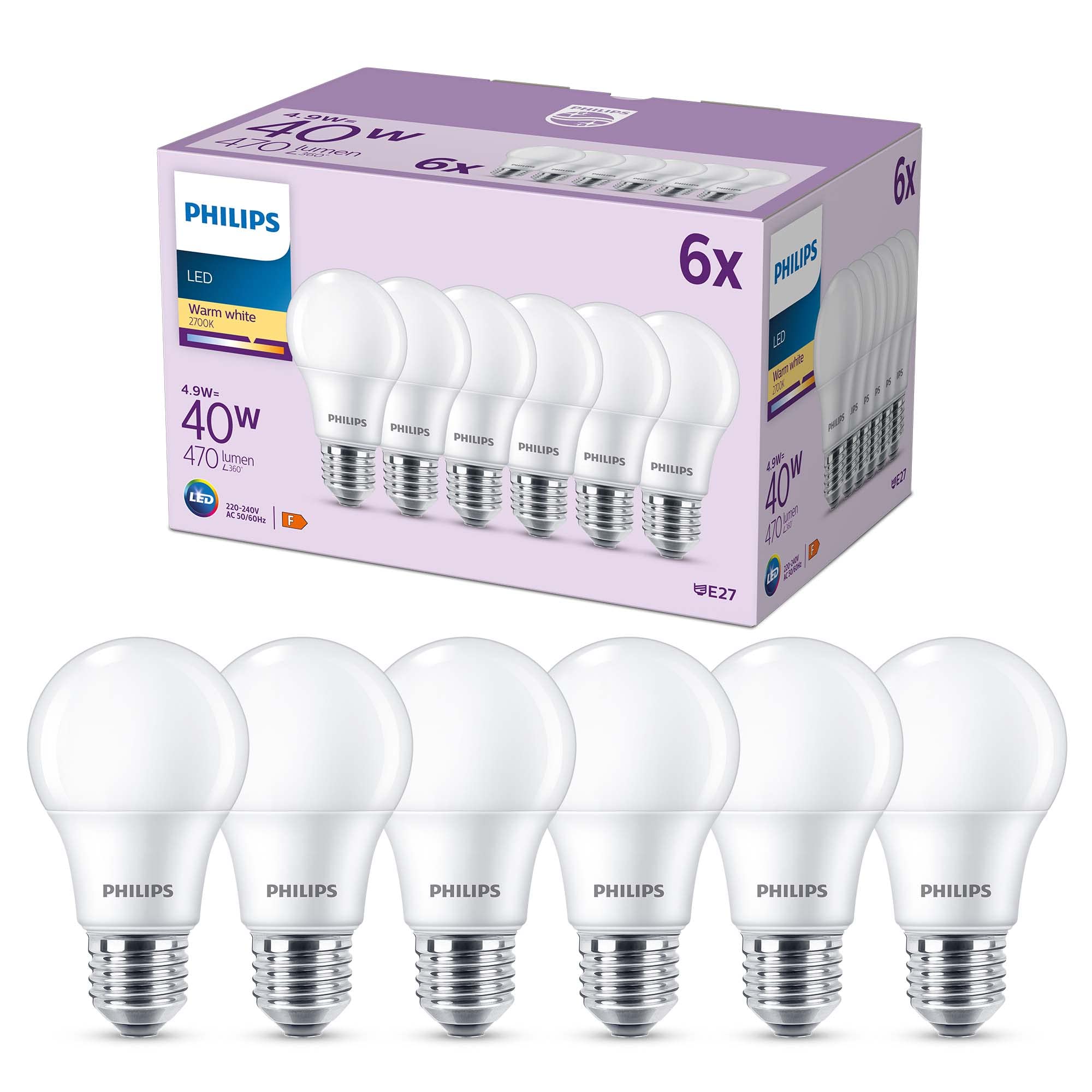 Philips LED Frosted A60 Light Bulb 6 Pack [Warm White 2700K - E27 Edison Screw] 40W, Non Dimmable. for Home Indoor Lighting, Value Range — image 1