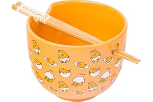 Silver Buffalo Sanrio Hello Kitty and Friends Gudetama I Can't Lazy Yellow Egg Ceramic Ramen Noodle Rice Bowl with Chopsticks