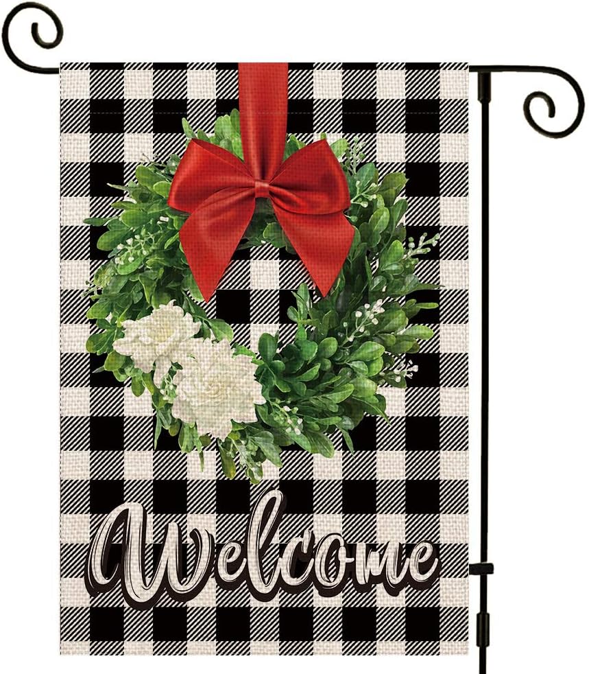 UPINLOOK Boxwood Wreath Welcome Christmas Garden Flag Vertical Double Sided, Winter Valentine's Day Buffalo Check Plaid Rustic Farmhouse Yard Flag Outdoor Decoration 12.5 x 18 Inch