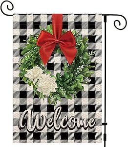 UPINLOOK Boxwood Wreath Welcome Christmas Garden Flag Vertical Double Sided, Winter Valentine's Day Buffalo Check Plaid Rustic Farmhouse Yard Flag Outdoor Decoration 12.5 x 18 Inch