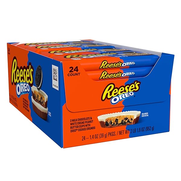 REESE’S OREO MILK CHOCOLATE AND WHITE CREME PEANUT BUTTER CUPS, CANDY PACKS, 1.4 OZ (24 COUNT)