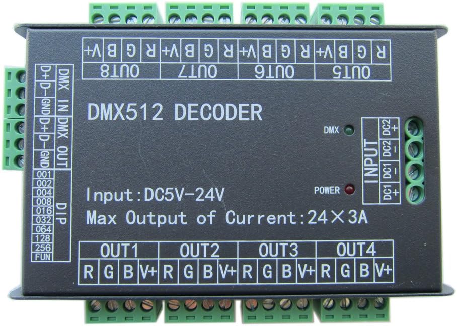 High Power 24 Channel RGB 3A/CH DMX512 Controller Led Decoder Dimmer 500Hz Flicker Free Smoother Dimming DMX Signal Indicator Flashes Function DC 5V-24V