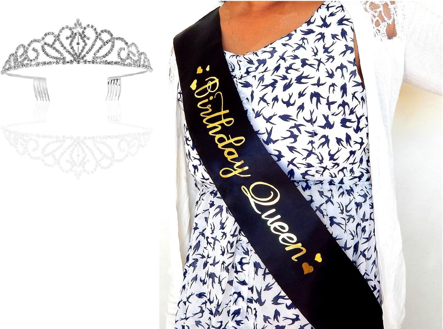 Birthday Queen Sash and Tiara for Women- 26th 27th 28th 29th 30th 32nd 33rd 34th 38th 50th 59th 61st 70 80 85 Bday sash for Women, Black sash, sash Queen, sash and Rhinestone Tiara kit
