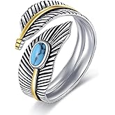 YAFEINI Turquoise Feather Ring 925 Sterling Silver Adjustable Feather Ring Western Boho Style Jewelry Gifts for Women
