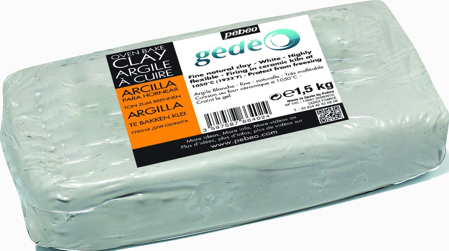Pébéo- White Firing Clay, 1.5 KG - Clay Pottery for Sculpture - White Fired Clay - 1.5 KG,766402