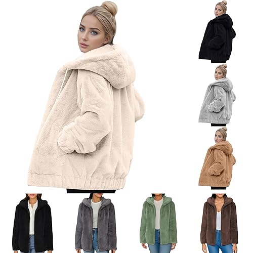 Ladies Zip Cardigan Fleece Jacket Women UK Casual Winter Warm Coats Full Zip Solid Teddy Hoodie with Pockets Ladies Fuzzy Sherpa Outwear Long Teddy Bear Coats for Women