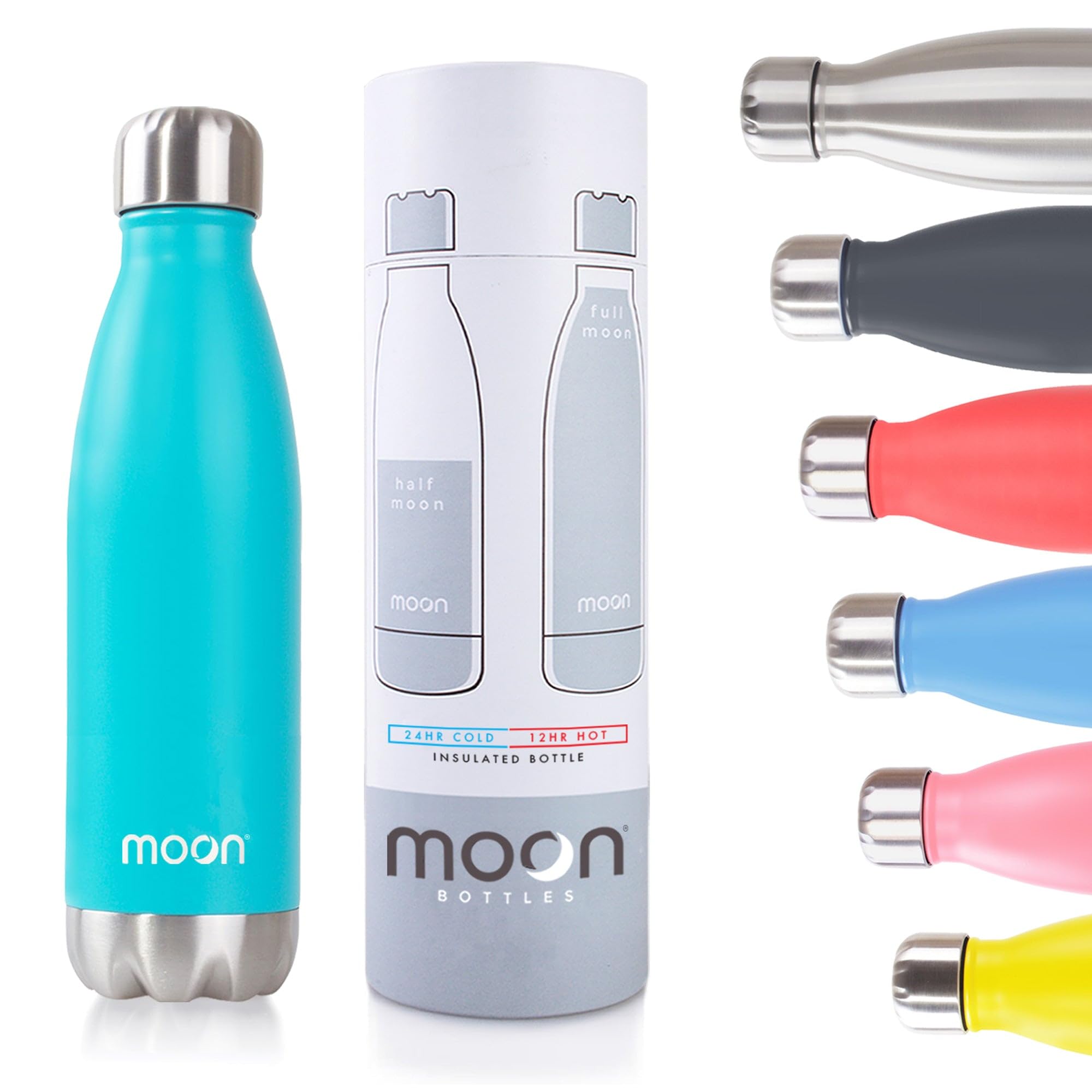 Moon Bottles - Insulated Water Bottle that Lasts Forever - 18/8 Stainless Steel Vacuum Flask - Double Walled Drink Bottle - Thermal Metal Flasks, Leakproof, 24hrs Cold & 12 Hot (260ml, Aqua Green)