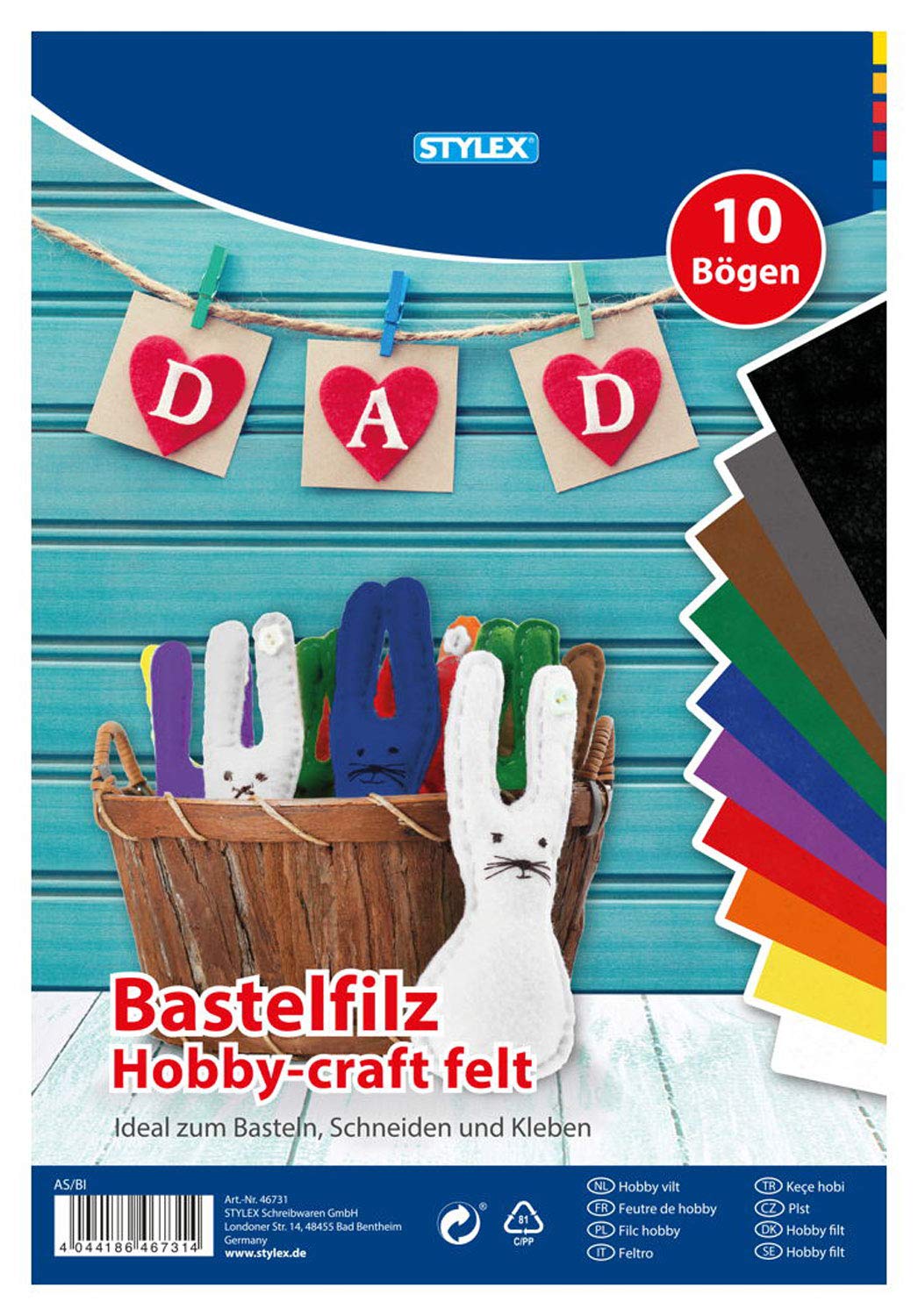 Stylex 46731 Craft Felt, 20 x 30 cm, 10 Sheets, Assorted in 10 Different Colours, Ideal for Crafts, Cutting and Gluing