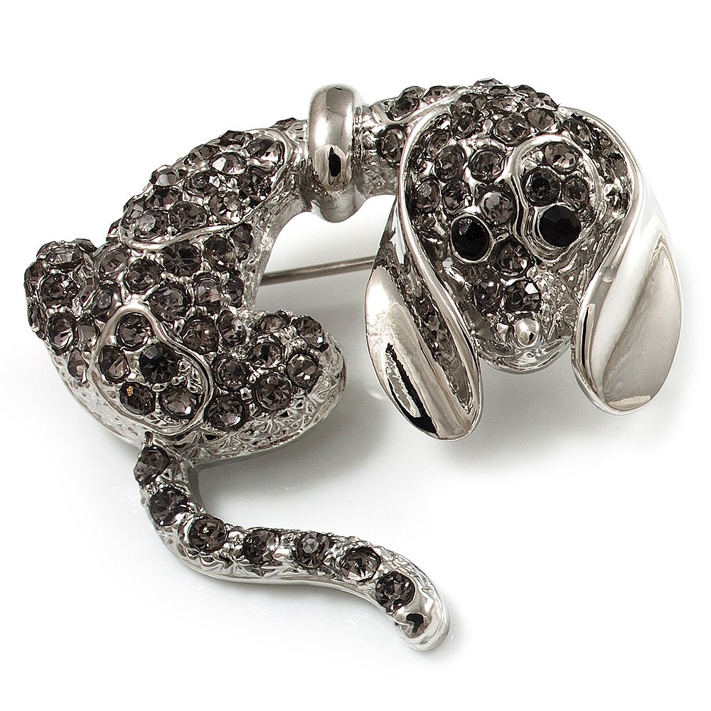 Cute Crystal Puppy Dog Brooch (Silver Tone)