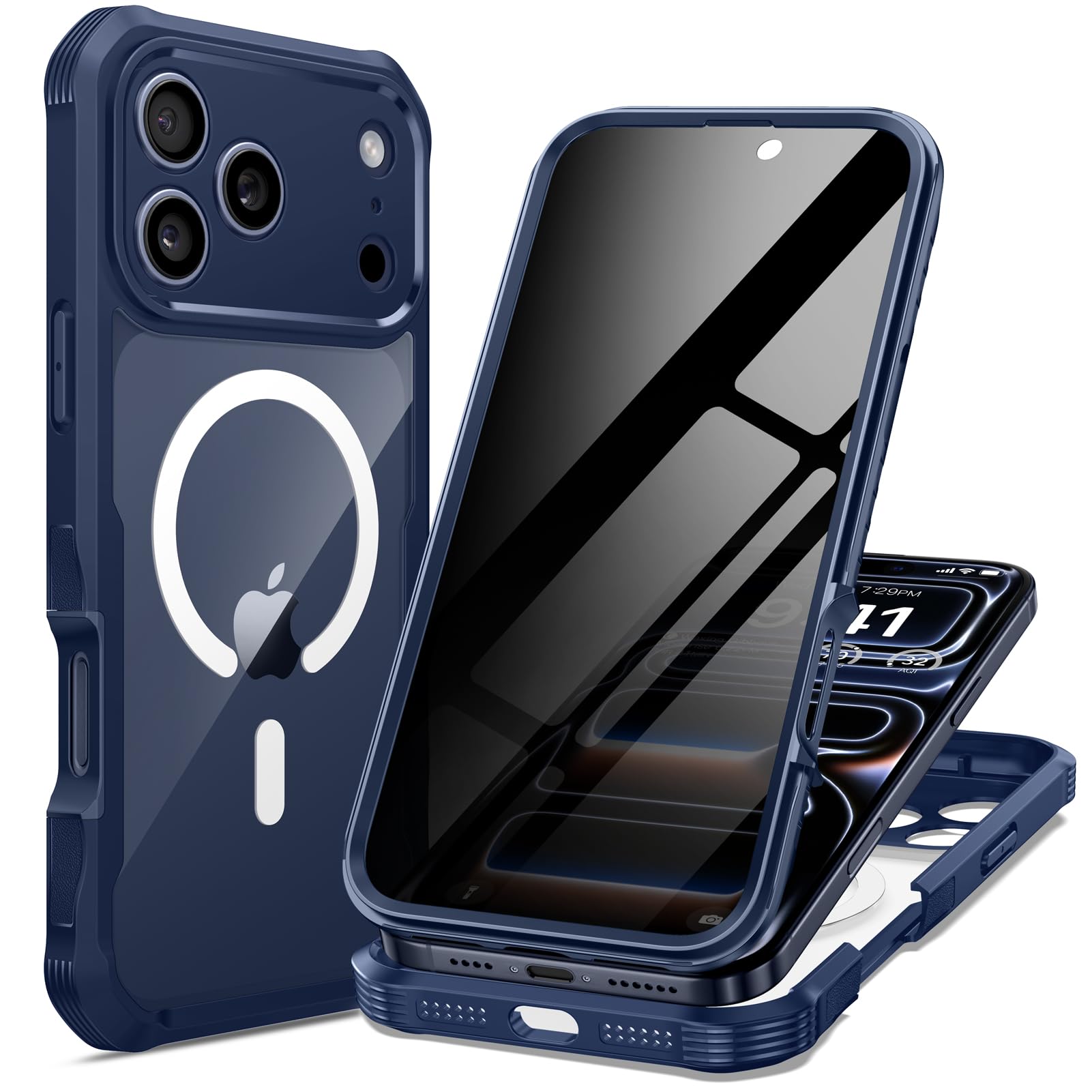 Photo 1 of ***Broken top glass*** seacosmo for iPhone 17 Pro Case, Full Body Bumper with Built-in Tempered Glass Privacy Screen Protector and Camera Lens Protection, Compatible with MagSafe, Shockproof Phone Case, 6.9", Deep Blue