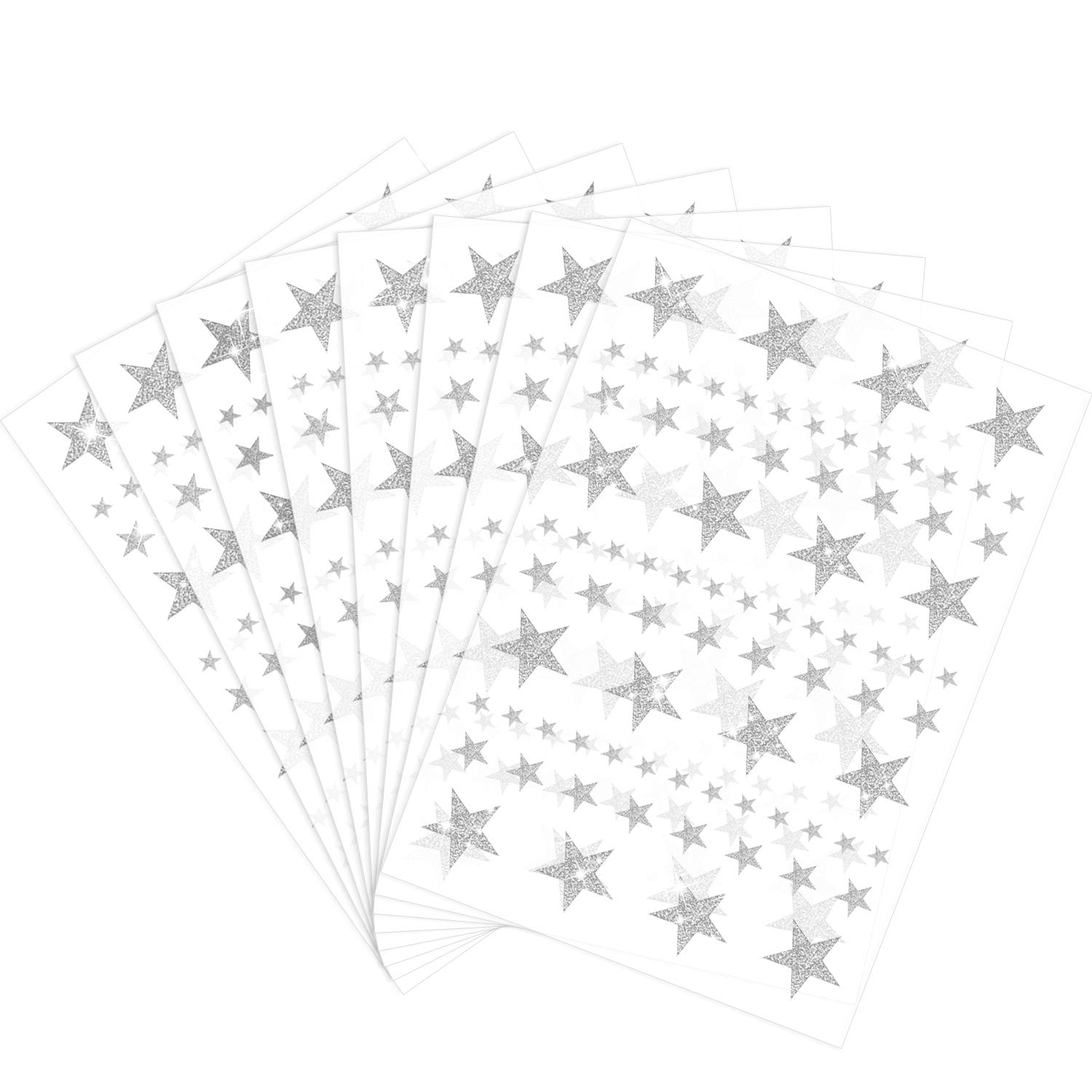 8 Sheet 632 Pieces Foil Star Stickers Reward Star Stickers Labels, Christmas Star Stickers Assorted Size Glitter Star Stickers for Home, Bar, DIY and Office (Silver)