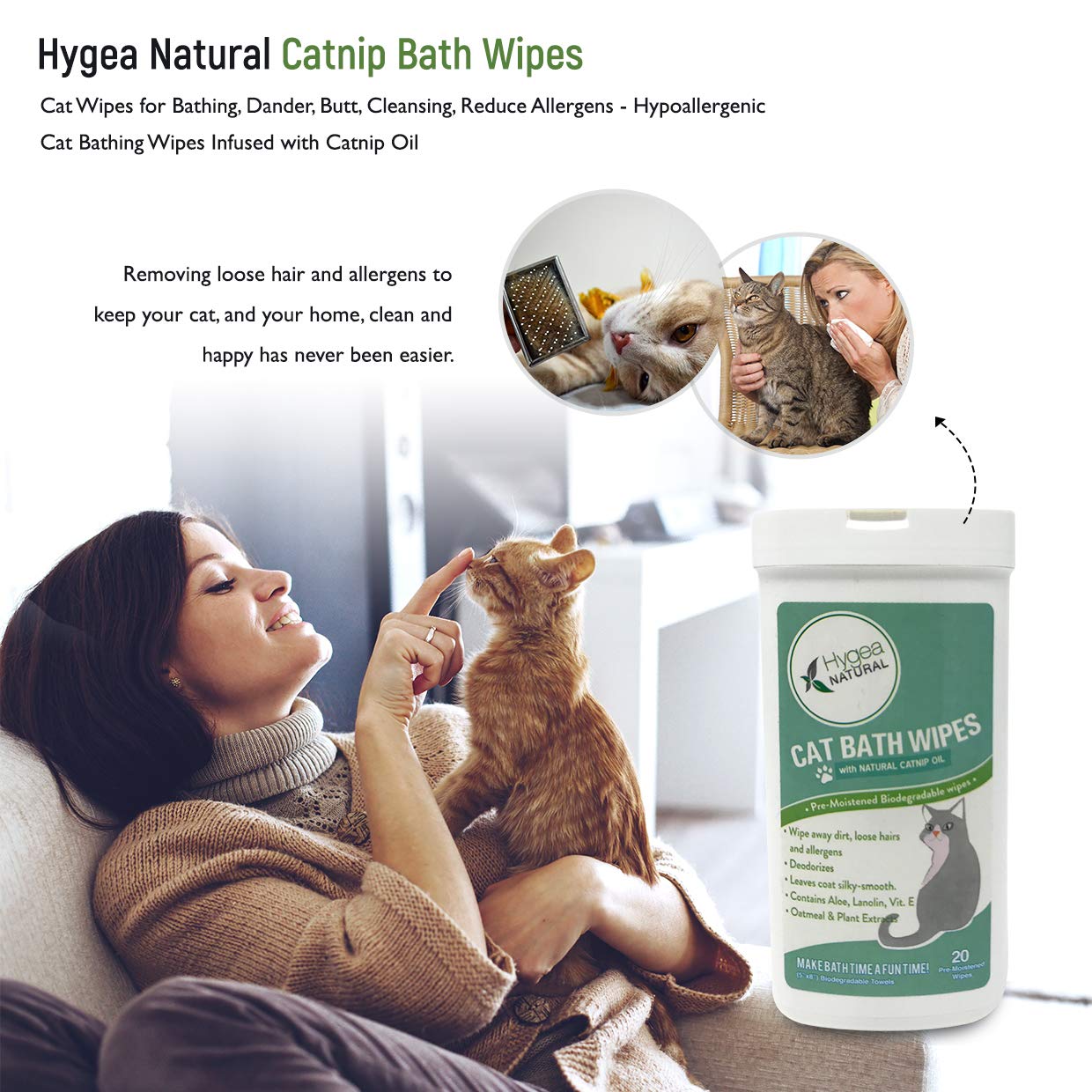 Hygea Natural Catnip Bath Wipes Cat Wipes for Bathing, Dander, Butt, Cleansing, Reduce