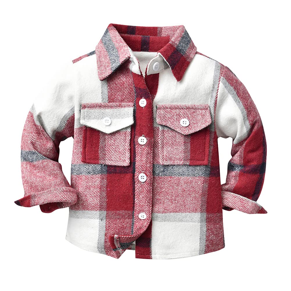 Photo 1 of IMEKIS Baby Boys Flannel Shirts Jackets: Toddler Long Sleeve Shirt Boy Girl Shacket Fall Photoshoot Outfits for Toddler Button Down Dress Shirt Kids Winter Christmas Clothes Plaid Outwear Red 3-4T