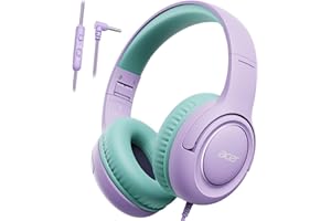 ACER Kids Headphones with Cord for School - Over-Ear 85/94dB Volume Limiter, 3.5mm Jack Foldable Stereo Sound Headset for Toddlers Girls Boy Travel Learning Entertainment Tablet Kindle iPad PC Purple Green