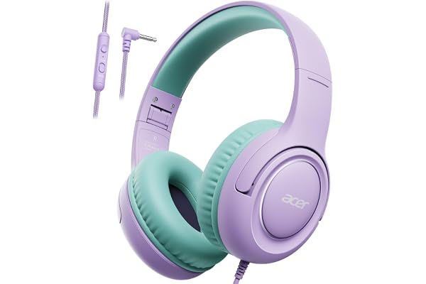 acer Kids Headphones - Over-Ear 85/94dB Volume Limiter, 3.5mm Jack Foldable Stereo Sound Headset for Toddlers Girls Boy Travel Learning Entertainment Tablet Kindle iPad PC Purple Green, HK03