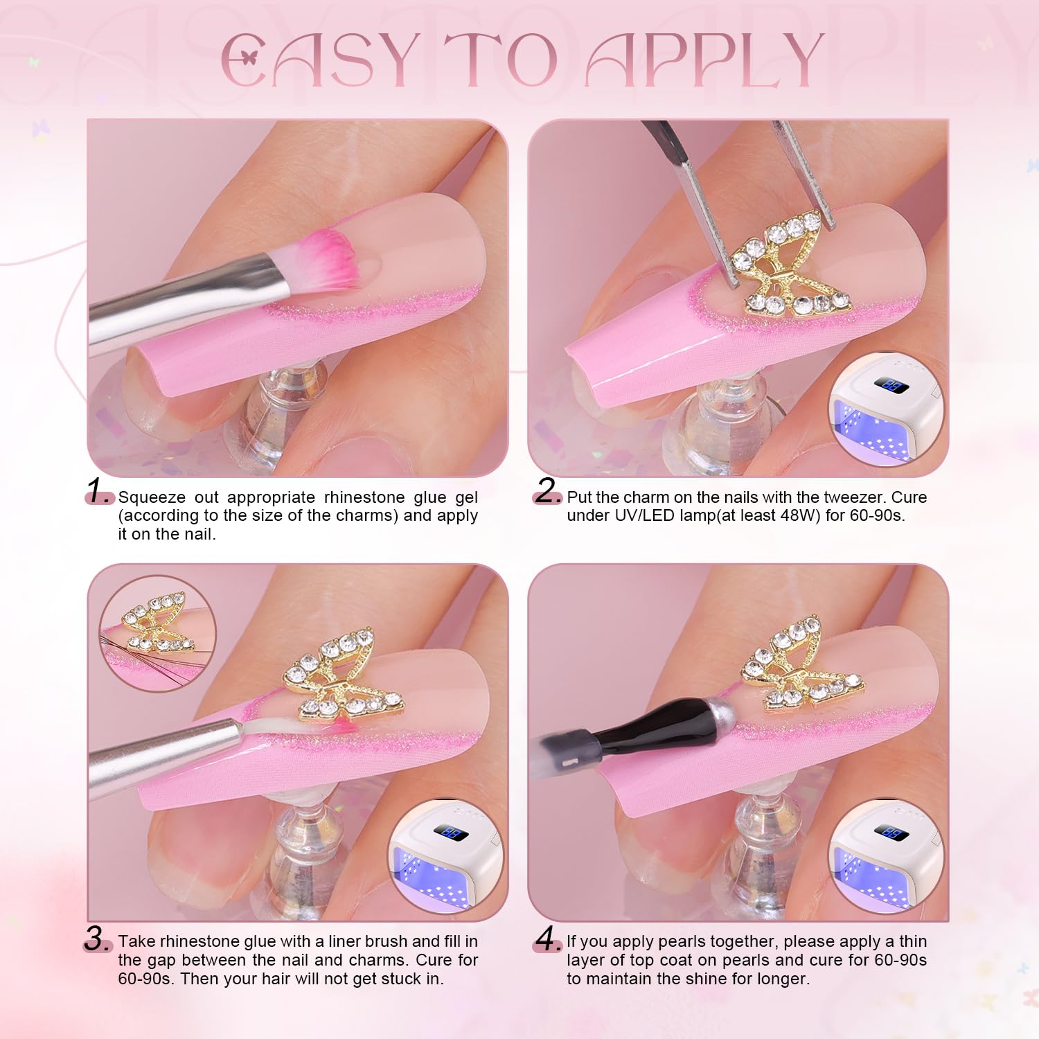 3D Nail Charms and Gems Set 7, 20PCS Chunky Butterfly Charms + 75PCS Coquette Nail Bows and Hearts + 3D Flowers for Nails with Rhinestones, Pearls, Diamonds and Picker Tools for Y2K Nail Decor - Image 7