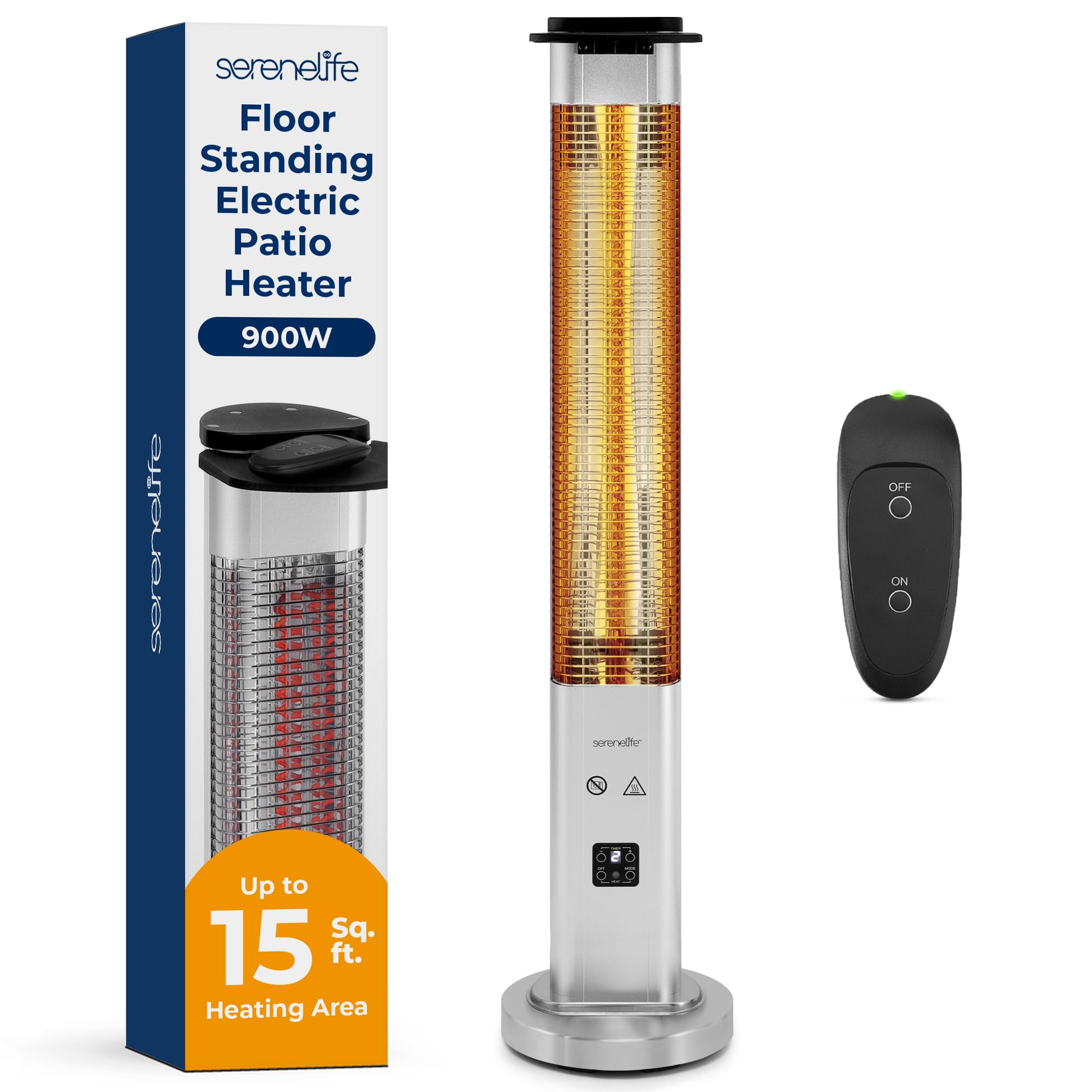 Photo 1 of SereneLife Outdoor Electric Patio Heater - 900W Infrared Heater with Remote, Aluminum Reflector, Waterproof Design, IP65 Approved, Quiet Operation, Standing Porch Heater for Patio & Backyard