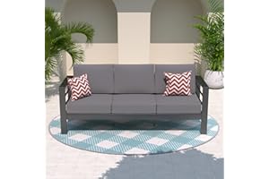 Amopatio Patio Furniture Metal Couch, 3-Seat All-Weather Modern Aluminum Outdoor Sofa Chair w/ 5 Inch Cushions, Dark Grey (Include Waterproof Sofa Covers)