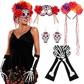Suncalla 4 Pcs Halloween Day of The Dead Costume Accessories Set for Women | Long Skeleton Gloves Red Flowers Masks Dia De Los Muertos Flower Crown Headband Sugar Skull Earring for Party Cosplay