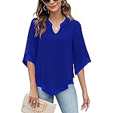 Micoson Royal Blue Womens Work Tops 3/4 Sleeve Plus Blouses Tunic Shirts V Neck Blouses Dressy Casual Trendy Top Blue 3XL