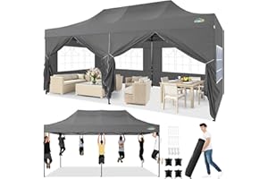 COBIZI 10x20 Heavy Duty Pop Up Canopy Tent with 6 Sidewalls, All Weather Wind Waterproof Outdoor Party Tents for Parties Commercial Wedding Canopy Gazebo with Roller Bag, Gray