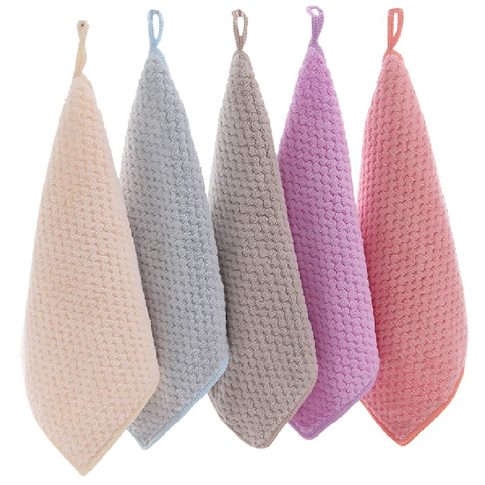 PREMJCROY 5 Piece Hand Towel with Loop Soft Fast Drying Hand Towel for Kitchen Square Thin Hanging Hand Towels with Hanging Small Dry Hand Towels for Kitchen Bathroom (5 COLORS)