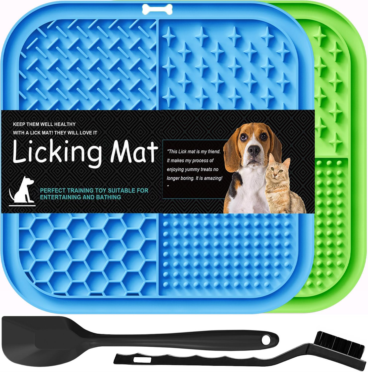 Lesipee Licking Mat for Dogs & Cats 2 Pack, Slow Feeder Lick Pat, Anxiety Relief Dog Toys (Blue&Green)