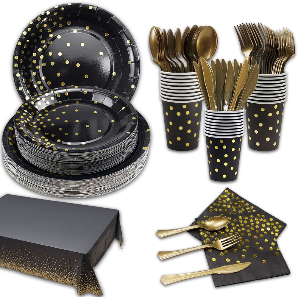 169Pcs Black and Gold Party Supplies Disposable Dinnerware