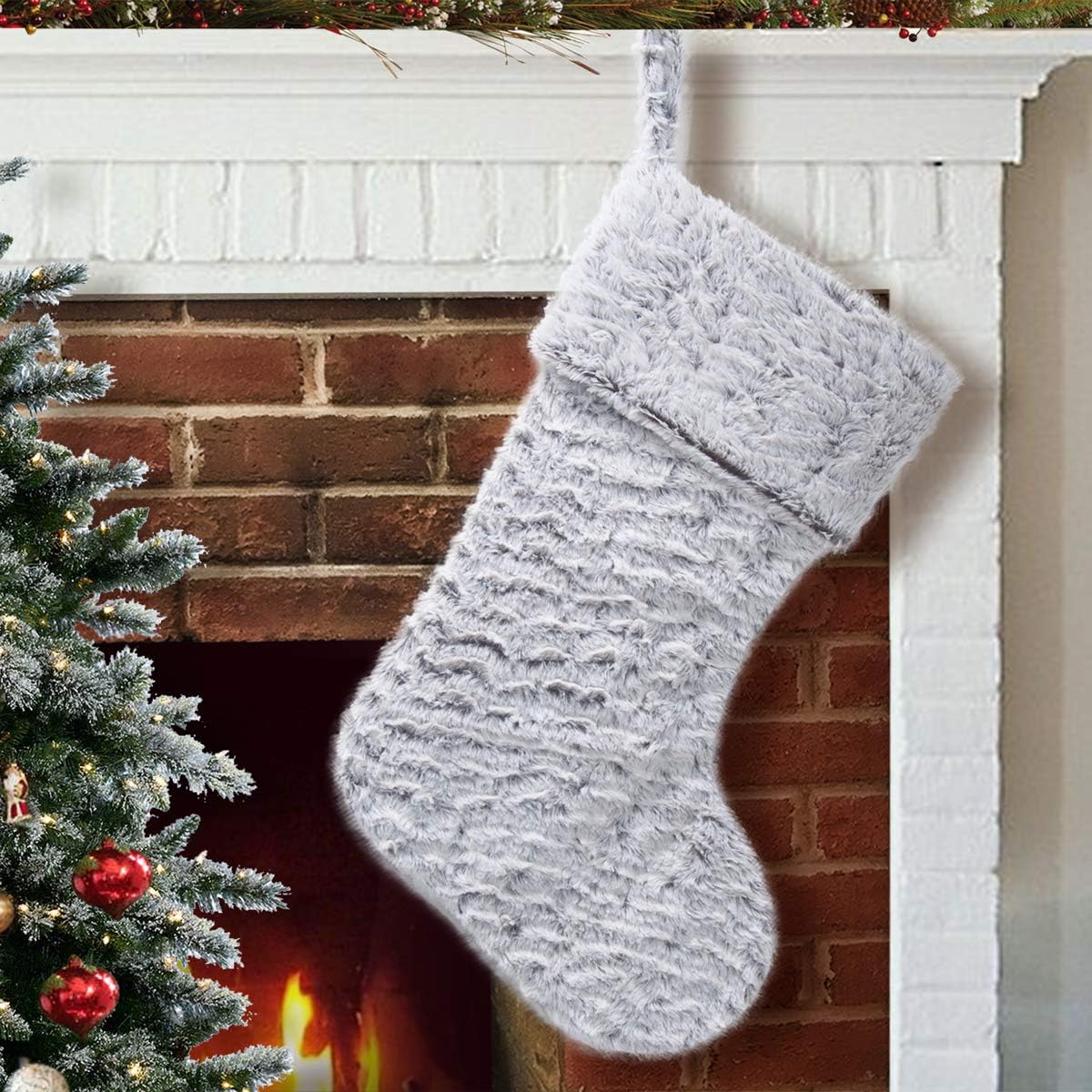 Stockings & Holders - S-DEAL 21 Inches Christmas Stocking Double Layers White Faux Fur Cuff Gift Holder Party Holiday Decoration Mantel Ornament