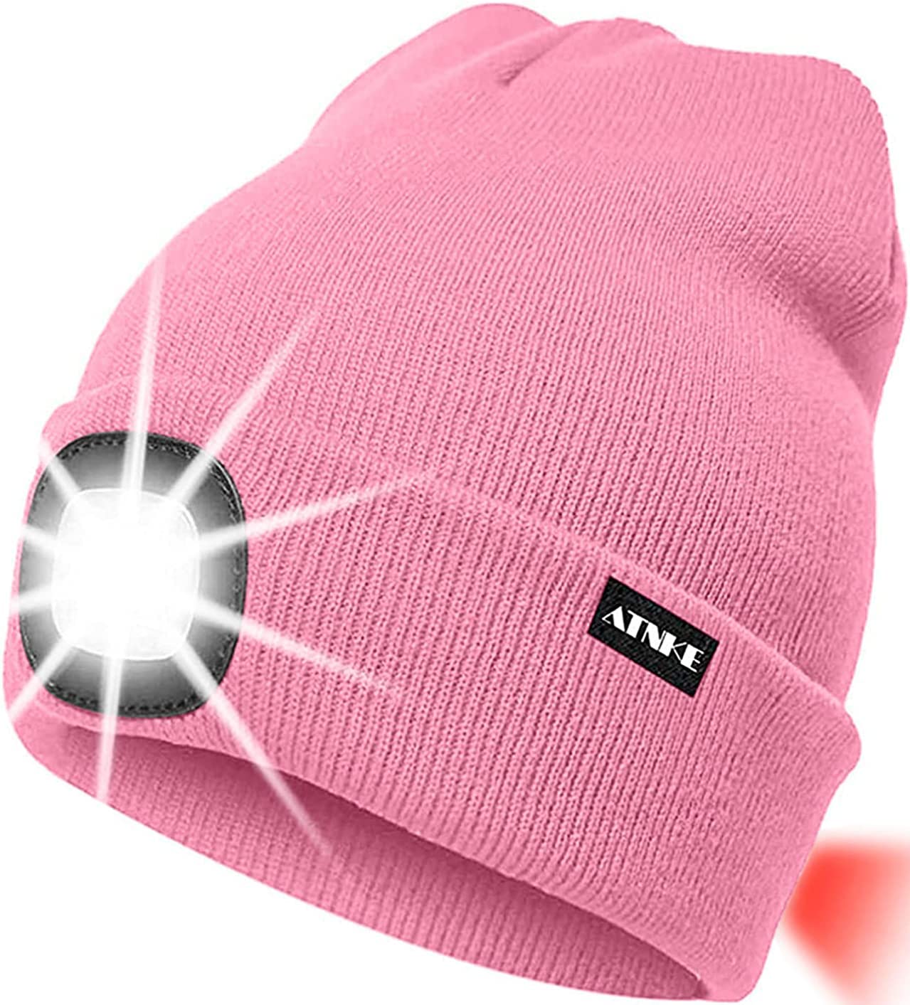 ATNKE 8LED Lighted Knit Hat,USB Rechargeable Running Headlamp Cap Ultra Bright Waterproof Light Lamp and Flashing Alarm Red Tail Light Multi-Color/Pink