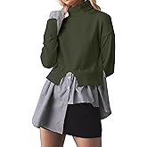 Ardrem Women Asymmetrical Patchwork Sweaters Slit Turtleneck Pullover Sweater Dress 2 in 1 Sweater Shirt Tunic Sweater Tops