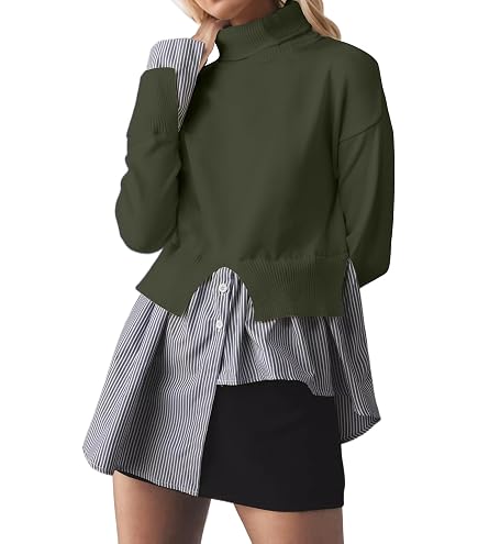 MISSACTIVER Women Slit Turtleneck Patchwork Sweater 2 in 1 Buttons